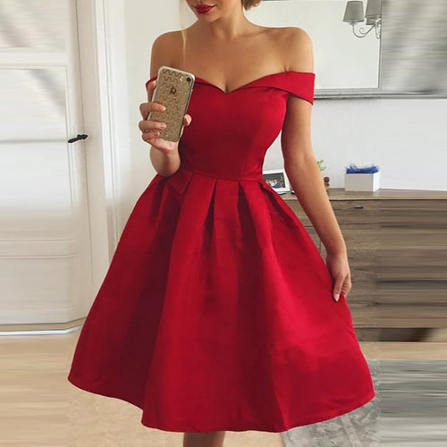 Elegant Red Dress Women Patchwork Slash Neck Short Sleeve Tunic Dress 2019 Summer Lady Sexy Prom Gown Evening Party Dresses D30